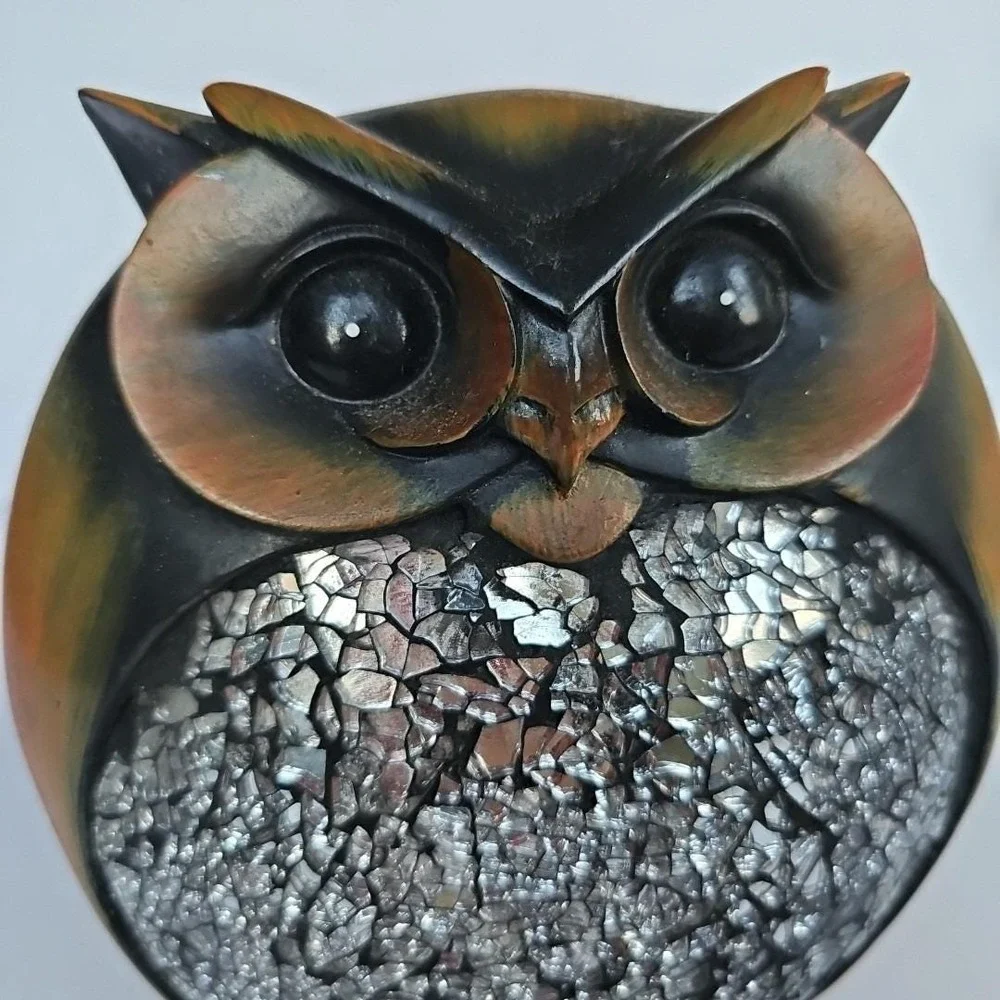 Vintage Mosaic Mirror Owl Wood Figurine Decor Home Shiny Outdoor Woodsy 1692